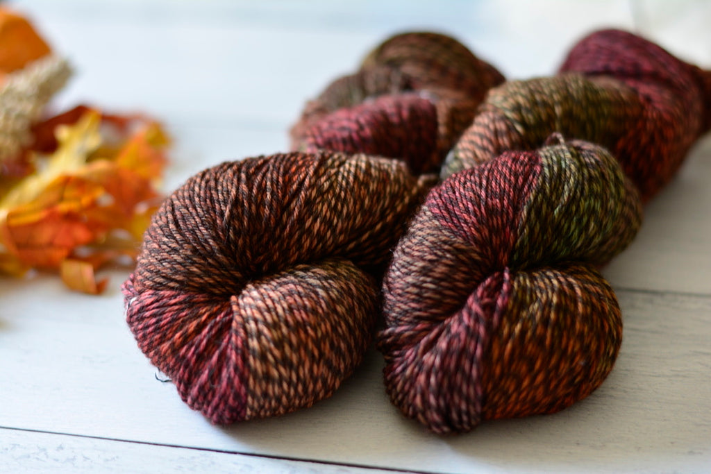 'Autumn Leaves' - 40% Merino Wool, 40% Peruvian Fine Highland Wool, 20% Nylon, Fingering Weight, Non-Superwash, 440 Yards, 100 Grams